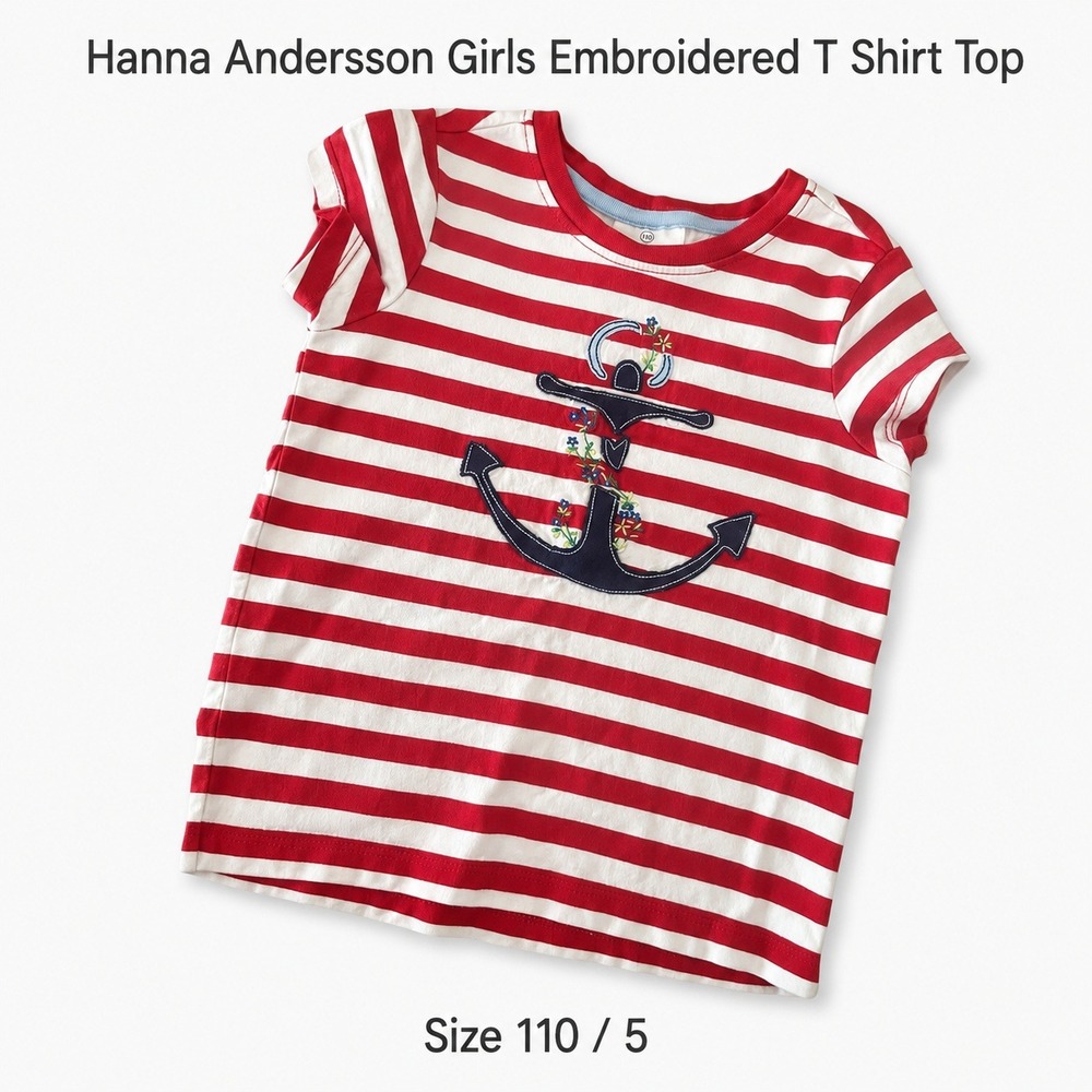 Hanna Andersson Girls Red White Striped Anchor Embroidered T Shirt Top 110 5